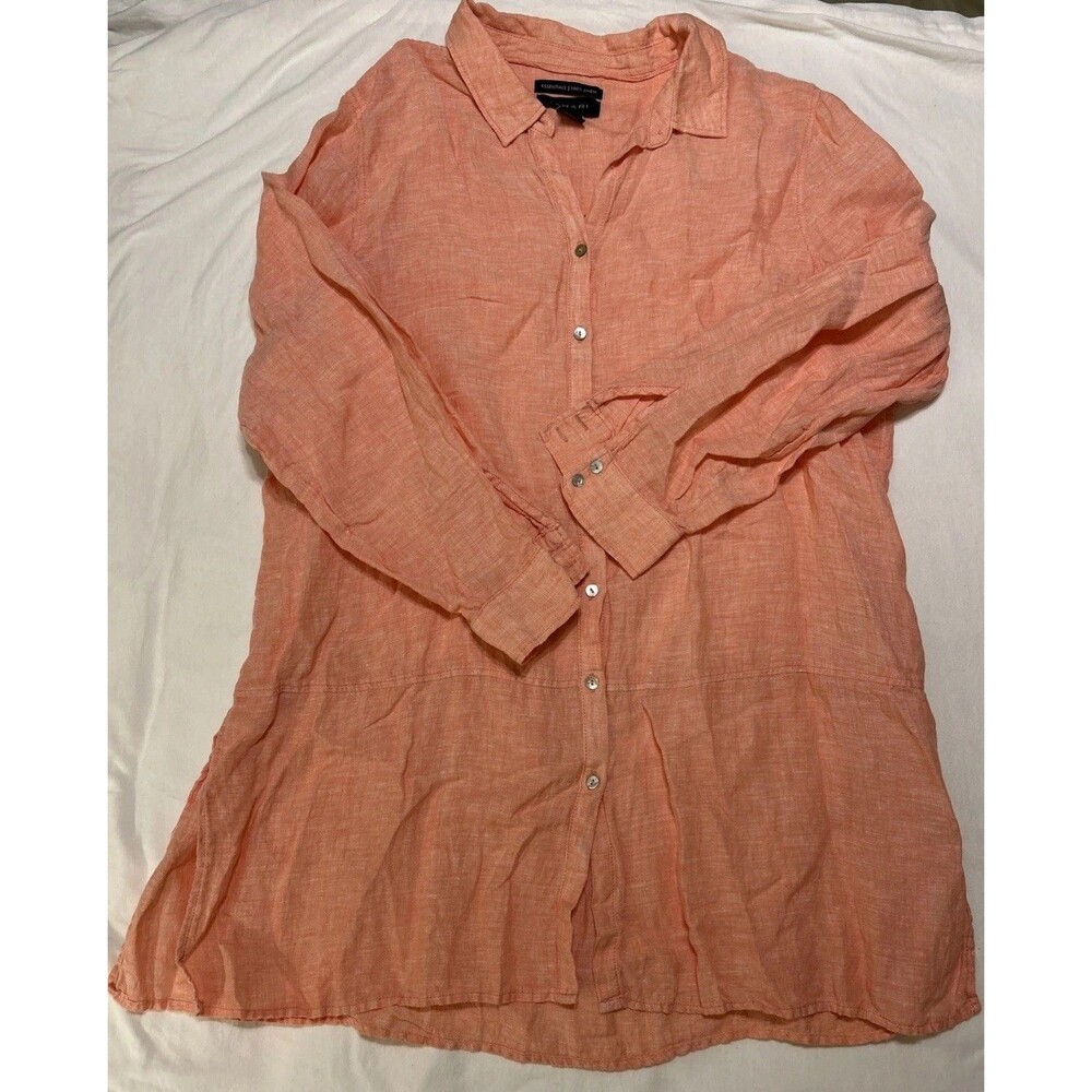 Tahari Coastal Resort 100% Linen Button Down Beach Tunic Shirt Sz 1X Coral